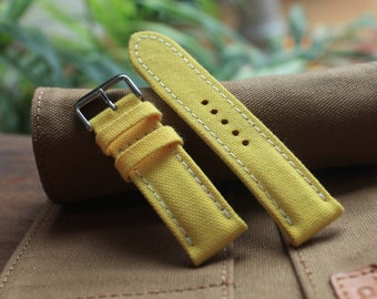 Yellow canvas watch strap, double rolled canvas watch strap, 18mm 20mm 22mm 24mm custom watch band, handmade leather watchstrap