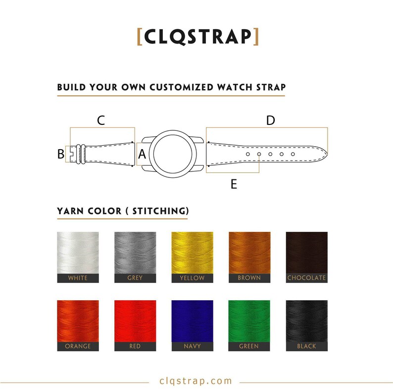 May include: Diagram of a watch strap with labeled dimensions and a color chart for stitching. The text "BUILD YOUR OWN CUSTOMIZED WATCH STRAP" is at the top. Yarn colors include white, grey, yellow, brown, chocolate, orange, red, navy, green, and black.