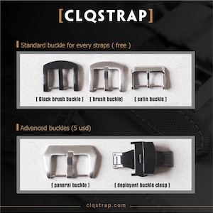 May include: Image showcasing watch strap buckles. The image displays various buckle styles, including black brush, brush, satin, panerai, and deployant buckle clasps. Text on the image reads "CLQSTRAP" and "clqstrap.com".