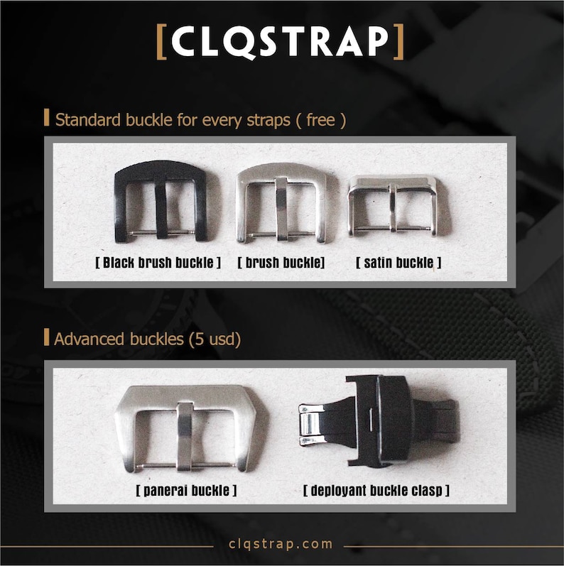 May include: Image showcasing watch strap buckles. The image displays various buckle styles, including black brush, brush, satin, panerai, and deployant buckle clasps. Text on the image reads "CLQSTRAP" and "clqstrap.com".
