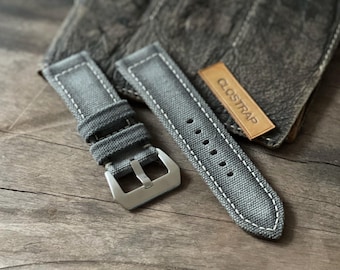 Rolled canvas watch strap for Panerai, handmade grey watch band, 20mm 22mm 24mm,