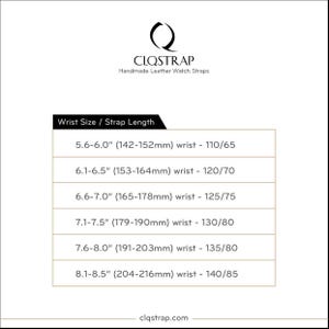 May include: A white graphic with the CLQSTRAP logo and text "Handmade Leather Watch Straps." A chart details wrist size and strap length in inches and millimeters, ranging from 5.6" to 8.5" wrist sizes.