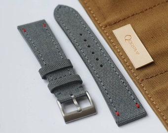 Graues Uhrenarmband aus Canvas, Uhrenarmband individuell, 18mm 20mm 22mm 24mm, handgefertigtes Uhrenarmband aus Leder