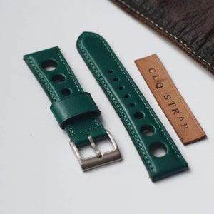 Green leather handmade watch strap, rally style, custom watch band, 18mm 20mm 22mm