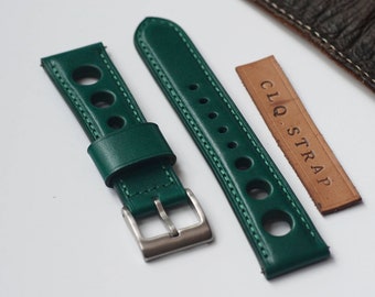 Green leather handmade watch strap, rally style, custom watch band, 18mm 20mm 22mm