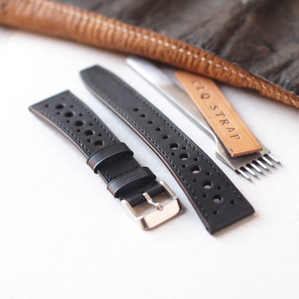 Bespoke Black Rally Watch Strap, 18mm , 20mm,  22mm , Custom watchstrap , Handmade Leather
