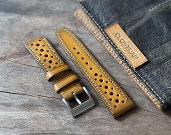 Handmade Rally leather watch band, Bespoke Patina yellow  Watch Strap, Racing style Band for Chronograph watch, Quick release spring bar.