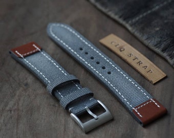Grey canvas watch strap, 18mm 19mm 20mm 21mm custom watch band, handmade leather