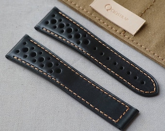 Rally watch strap for Omega, black leather watch strap handmade, custom watch band, 18mm 20mm 22mm