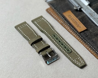 Pilot Style Canvas Watch strap, Brown Aviator band, Handmade for IWC watch, 18mm , 20mm , 22mm , quick release spring bar, Custom Strap