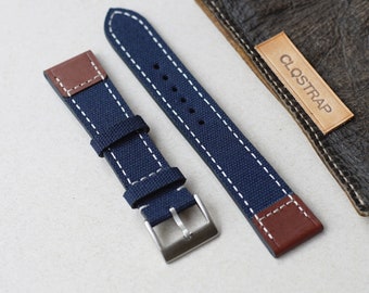 Blue canvas watch strap, 18mm 19mm 20mm 21mm custom watch band, handmade leather