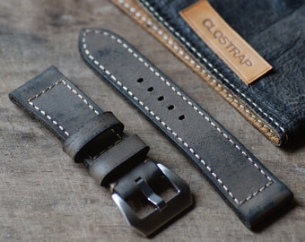 Grey Vintage Leather watch strap, Handmade Watch band for Panerai, 20mm 22mm 24mm