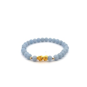 18K Gold Dragon Pixiu Piyao Lucky Charm Bead Bracelet Gemstones Natural Angelite 6mm