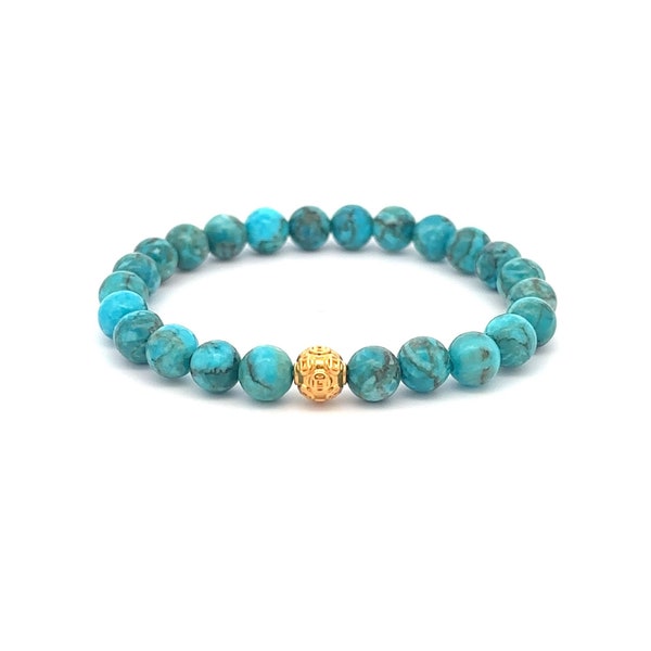 18K Gold Money Ball Lucky Bracelet Gemstones Turquoise 6mm