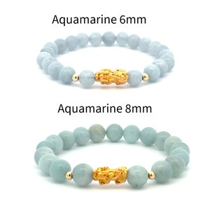 18K Gold Dragon Pixiu Piyao Lucky Charm Beads Bracelet Gemstones Aquamarine 6mm - 8mm