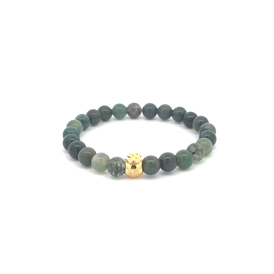 18K Gold Money Bag Charm Bracelet Natural Moss Agate Gemstones 6mm Etsy