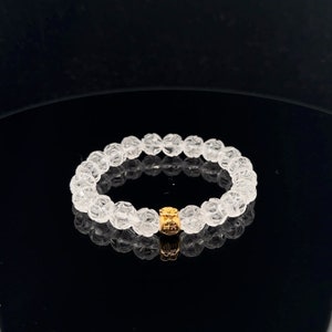 18K Solid Gold Money Bag Lucky Charm Bracelet Clear Quartz Carved Lotus Gemstones 7.5mm