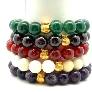 Real 24K Gold Money Bag Lucky Charm Bracelet Gemstones Birthstones Feng Shui 9.5-10mm Beads