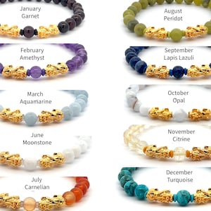 18K Gold Dragon Pixiu Piyao Stretch Bracelet, Natural Gemstone Birthstone, Feng Shui Charm