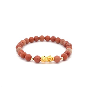 18K Gold Dragon Pixiu Piyao Lucky Charm Bead Bracelet Gemstones Natural Jade Indian Red 6mm