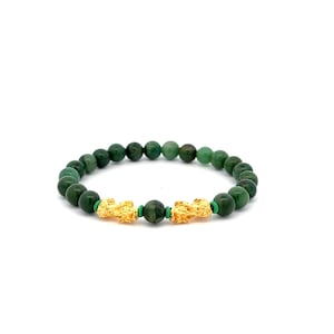 18K Gold Dragon Pixiu Double Piyao Lucky Charm Bracelet Gemstones African Jade 6mm