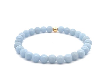 Natural Angelite Gemstones 6mm Stretchable Bracelet 18k Gold Bead Charm