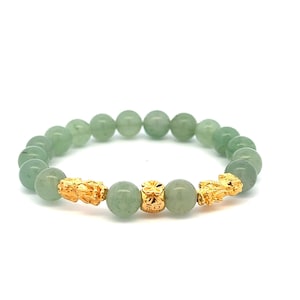 18K Gold Dragon Pixiu Double Piyao Money Bag Lucky Charm Bracelet Gemstones Aventurine 8mm