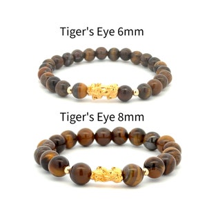 18K Gold Dragon Pixiu Piyao Lucky Charm Beads Bracelet Gemstones Tiger&#39;s Eye 6mm - 8mm