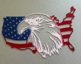 American Flag with Eagle. Show your pride and your country! 24"X17" Two Styles. CNC Plasma Cut 16ga steel painted. Made in the USA!