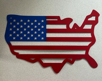 American Flags show your pride within the outline border of the USA. 24"X16" Two Styles. CNC Plasma Cut 16ga steel painted. Made in the USA!