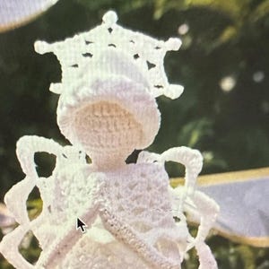 May include: A handmade, white crochet angel figurine. The angel has a detailed, lacy design with floral accents on the skirt and a halo. The wings are open, and the figure is set against a blurred green background.