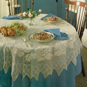 May include: A white crocheted tablecloth with a delicate floral pattern, set on a blue tablecloth. The table is decorated with a vase of pink roses, a bowl of fruit, and three plates with pastries.
