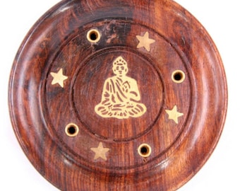 Round wooden incense holder, small round wooden incense holder, incense stick holder, Buddha, Moon and star