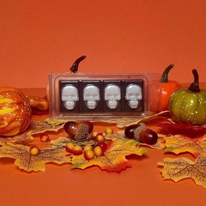 Op de afbeelding: Een doorzichtige plastic container met vier witte schedelvormige chocolaatjes erin. De container staat op een tafel met herfstdecoraties, waaronder pompoenen, eikels en bladeren.