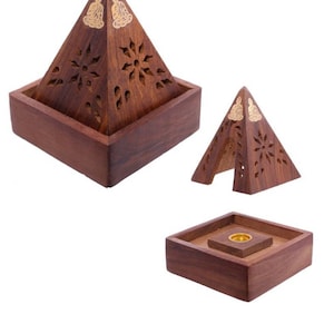Incense Cone pyramid storage box, natural wooden incense box, buddha design