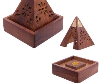 Incense Cone pyramid storage box, natural wooden incense box, buddha design