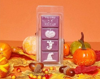 May include: A purple wax melt with the words "TRICK OR TREAT" and Halloween-themed shapes. The wax melt is in a clear plastic container, surrounded by pumpkins, fall leaves, acorns, and berries, all set against an orange background.