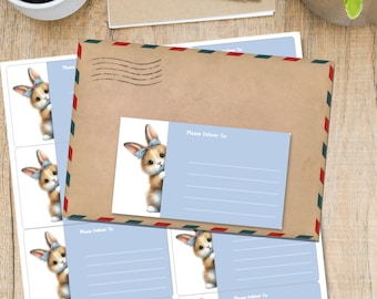 May include: A stationery set featuring a brown envelope with red and blue border trim, a blue address label, and sticker sheets. Each sticker and label has a watercolor illustration of a bunny wearing a blue bow. The text "Please Deliver To:" is printed on the labels.