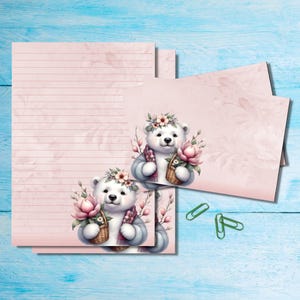 Floral Polar Bear stationery set, A5 letter writing paper with matching envelopes, Snail mail pen pal supplies kit, Lined / unlined sheets