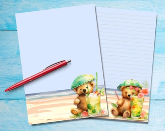 Teddy at the Beach A5 letter writing paper, Pen pal supplies, Stationery lined or unlined letter sheets, Cute notepaper with/without lines