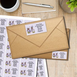 Etichette per indirizzo di ritorno per bicicletta color lavanda, 24 o 40 etichette autoadesive per foglio, adesivi rettangolari per corrispondenza per buste di posta felice