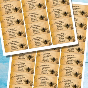 Vintage Bees self adhesive return address labels, 24 labels per sheet, 63.5 x 33.9 mm rectangular stickers with rounded corners zdjęcie 3