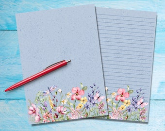 Summer Flowers A5 letter writing paper, Pen pal supplies, Stationery lined or unlined letter sheets, Cute notepaper with or without lines