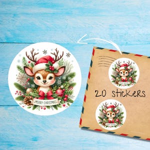 Pegatinas de corona de reno, paquete de 20, etiquetas decorativas redondas mate cortadas individualmente para correo postal, lindas pegatinas de amigos por correspondencia