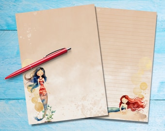 Mermaids A5 letter writing paper, Cute stationery letter sheets, Penpal supplies, Notepaper with or without lines for letter correspondence