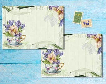 Teacups in Bloom pack of 5 or 10 envelopes, penpal letter supplies, happy mail stationery, A6 size envelope set