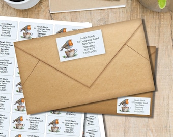 Etiquetas adhesivas para remitente con diseño de petirrojo en taza de té, 24 o 40 etiquetas por hoja, pegatinas rectangulares para sobres de cartas de amigos por correspondencia.