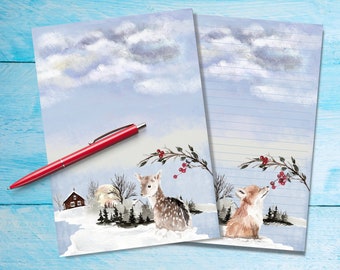 Winter Baby Animals A5 letter writing paper, Pen pal supplies, Stationery lined or unlined single sheets, Cute notepaper with/without lines