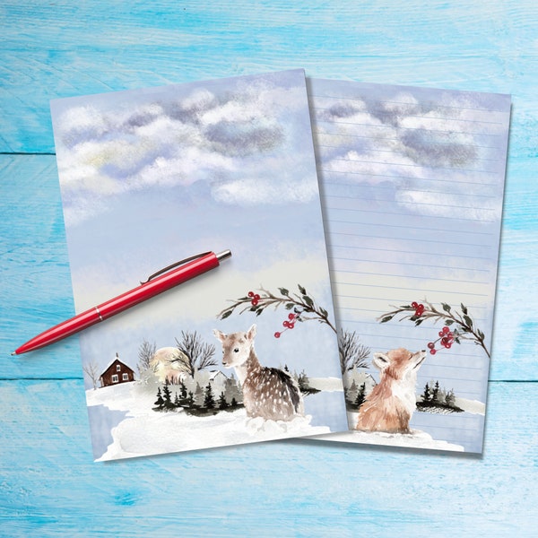 Winter Baby Animals A5 letter writing paper, Pen pal supplies, Stationery lined or unlined single sheets, Cute notepaper with/without lines