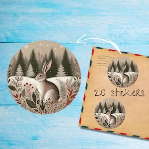 Paquete de pegatinas de liebre invernal, lindas etiquetas de correo feliz redondas y mate cortadas individualmente, suministros para amigos por correspondencia para decorar sobres